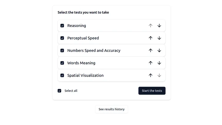 Screenshot of the General Intelligence Assessment website test selection screen